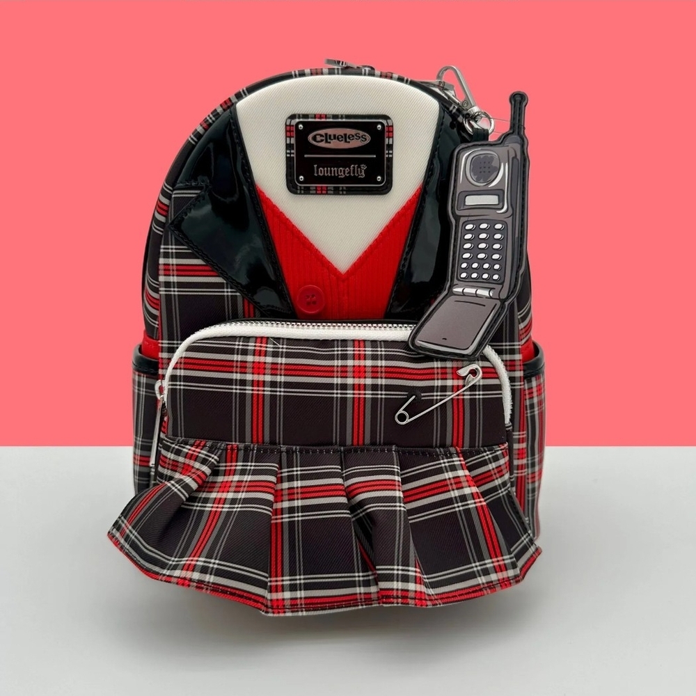 Loungefly Red and Black Plaid Backpack with Phone Charm